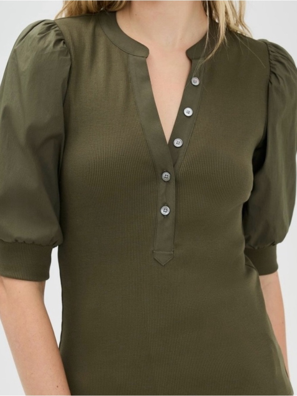 LOFT Olive Puff-Sleeve Button-Front Women's Mixed Media Top